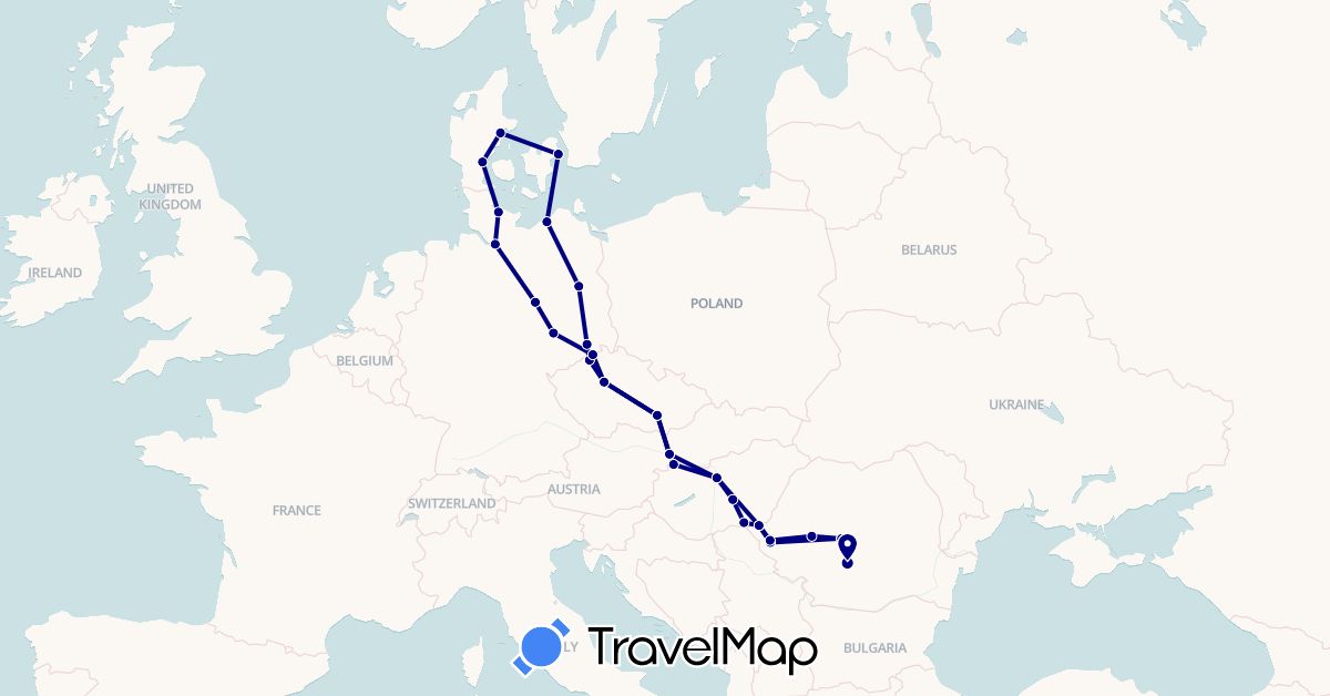 TravelMap itinerary: driving in Czech Republic, Germany, Denmark, Hungary, Romania, Slovakia (Europe)