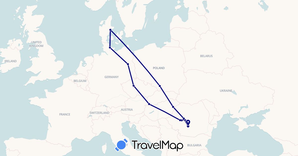TravelMap itinerary: driving in Czech Republic, Germany, Denmark, Hungary, Poland, Romania (Europe)