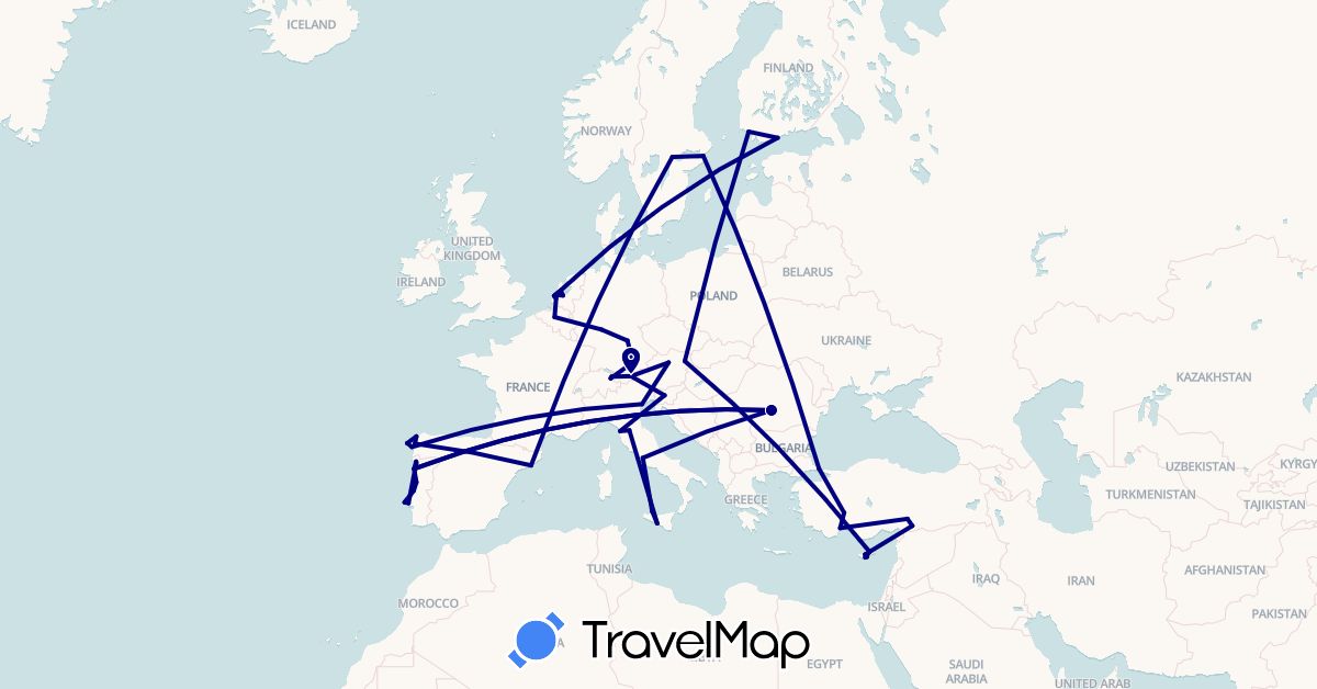 TravelMap itinerary: driving in Austria, Belgium, Cyprus, Germany, Spain, Finland, Italy, Liechtenstein, Netherlands, Portugal, Romania, Sweden, Slovenia, Turkey (Asia, Europe)