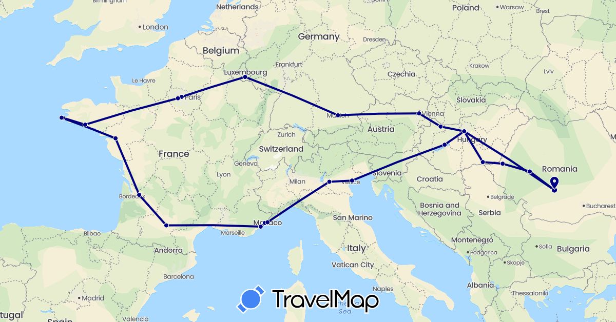TravelMap itinerary: driving in Austria, Germany, France, Hungary, Italy, Luxembourg, Monaco, Romania (Europe)